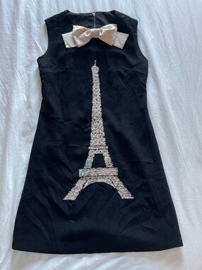 Black Dress with Sequin Eiffel Tower and Cream Bow